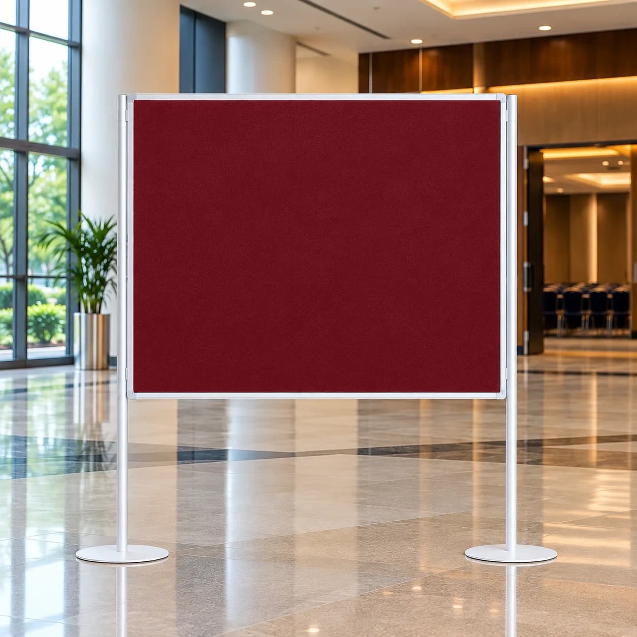 Pole and Panel Display Board in Maroon velvet with 25mm slim upright poles and steel disc base