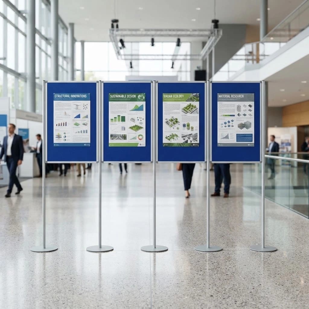 Clip and Pole Panel System 4-board modular exhibition backwall in convention hall with research posters