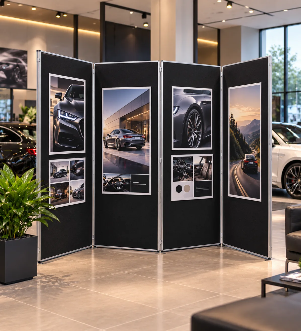 Grey 4 panel full-height large folding display board, H 180 × W 260 cm, Malaysia