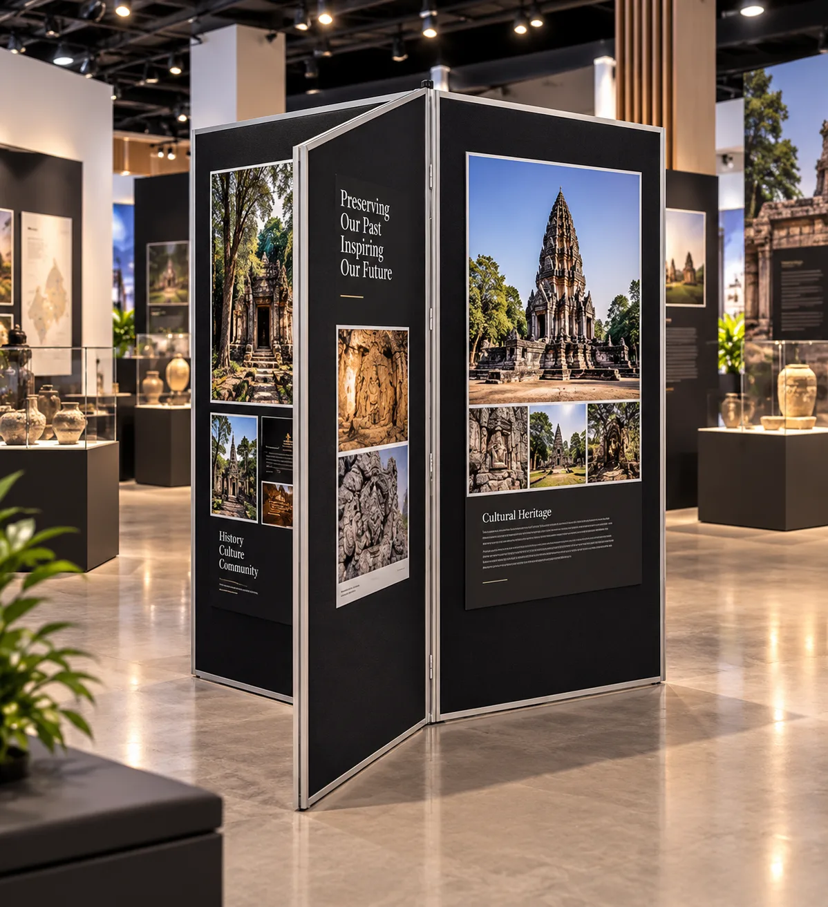 Black 4 panel large folding display boards in a zig-zag at a cultural heritage exhibition