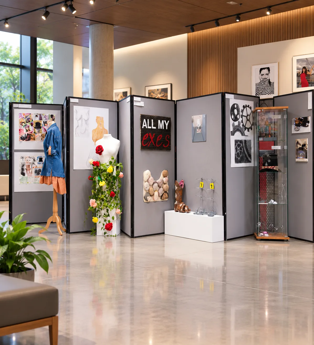 Grey 4 panel large folding display boards set up for an art and fashion exhibition