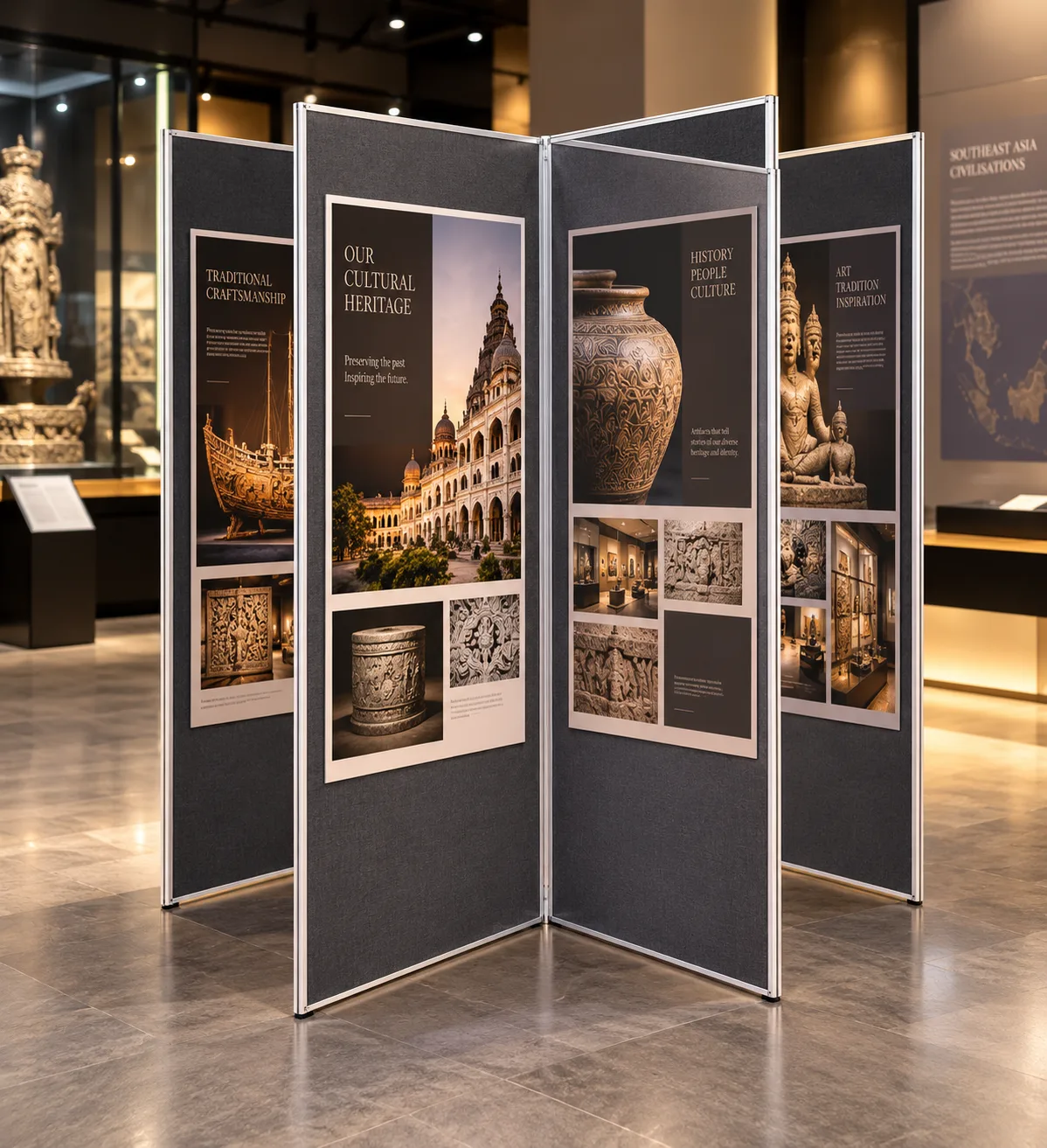 Grey 4 panel large folding display boards set in an X shape at a museum heritage exhibition