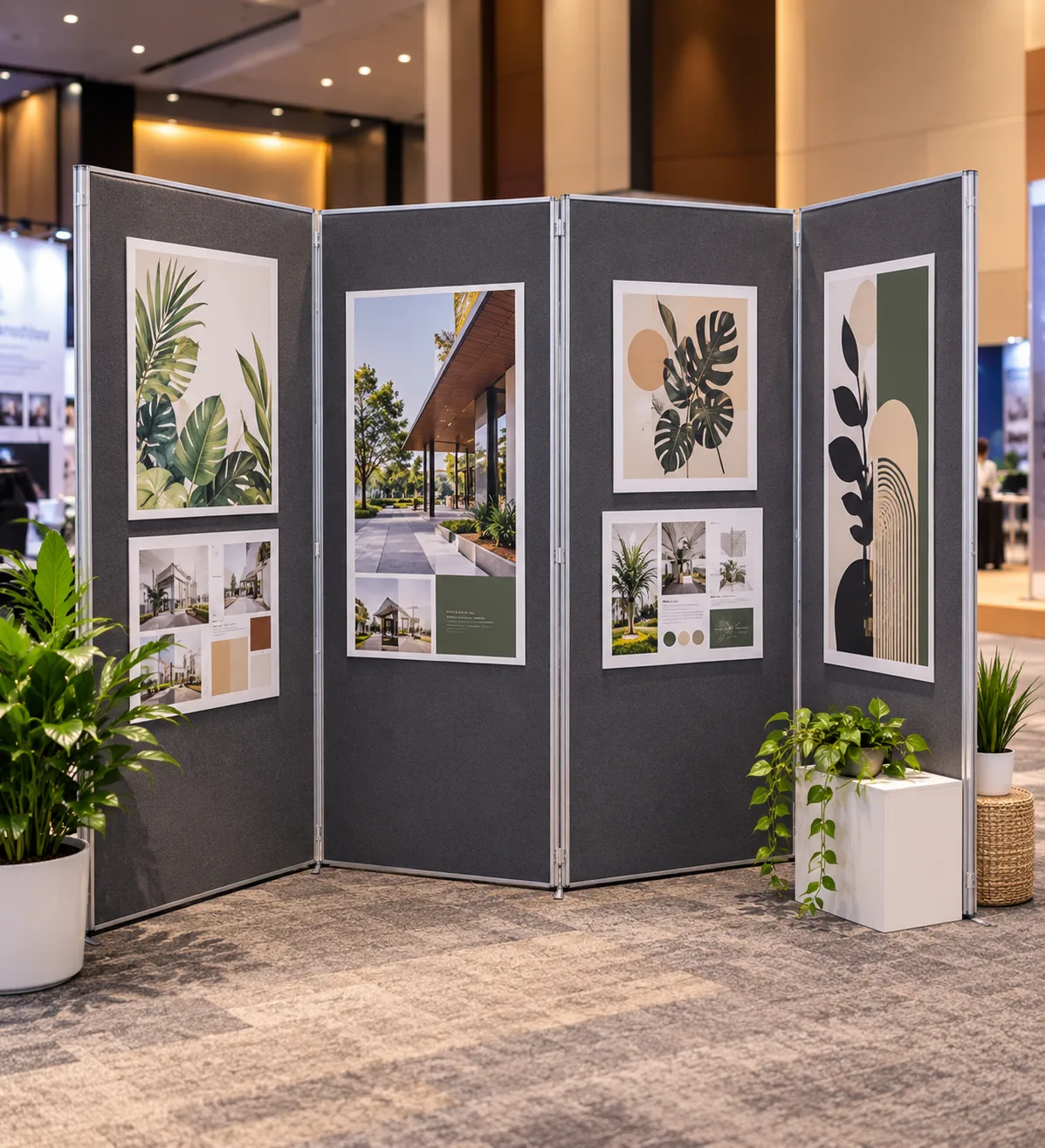 Grey 4 panel large folding display board in a trade show hall