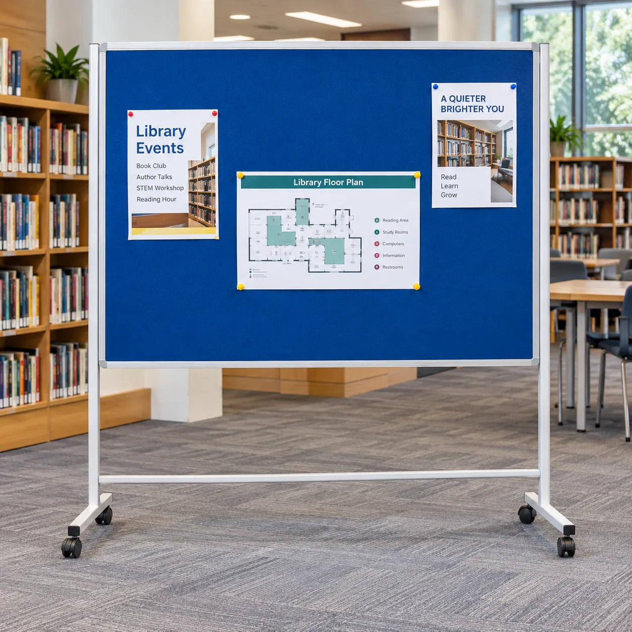 Blue double-sided mobile notice board on lockable castors in a Malaysian library