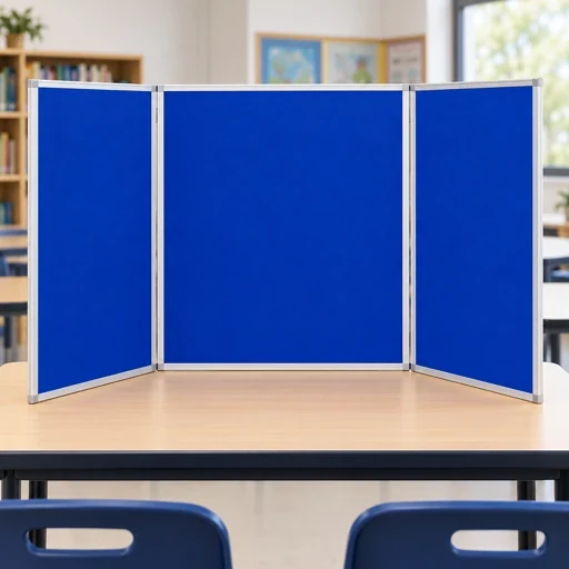 Tri-fold tabletop display board with header, 3 A2 fabric panels on a table